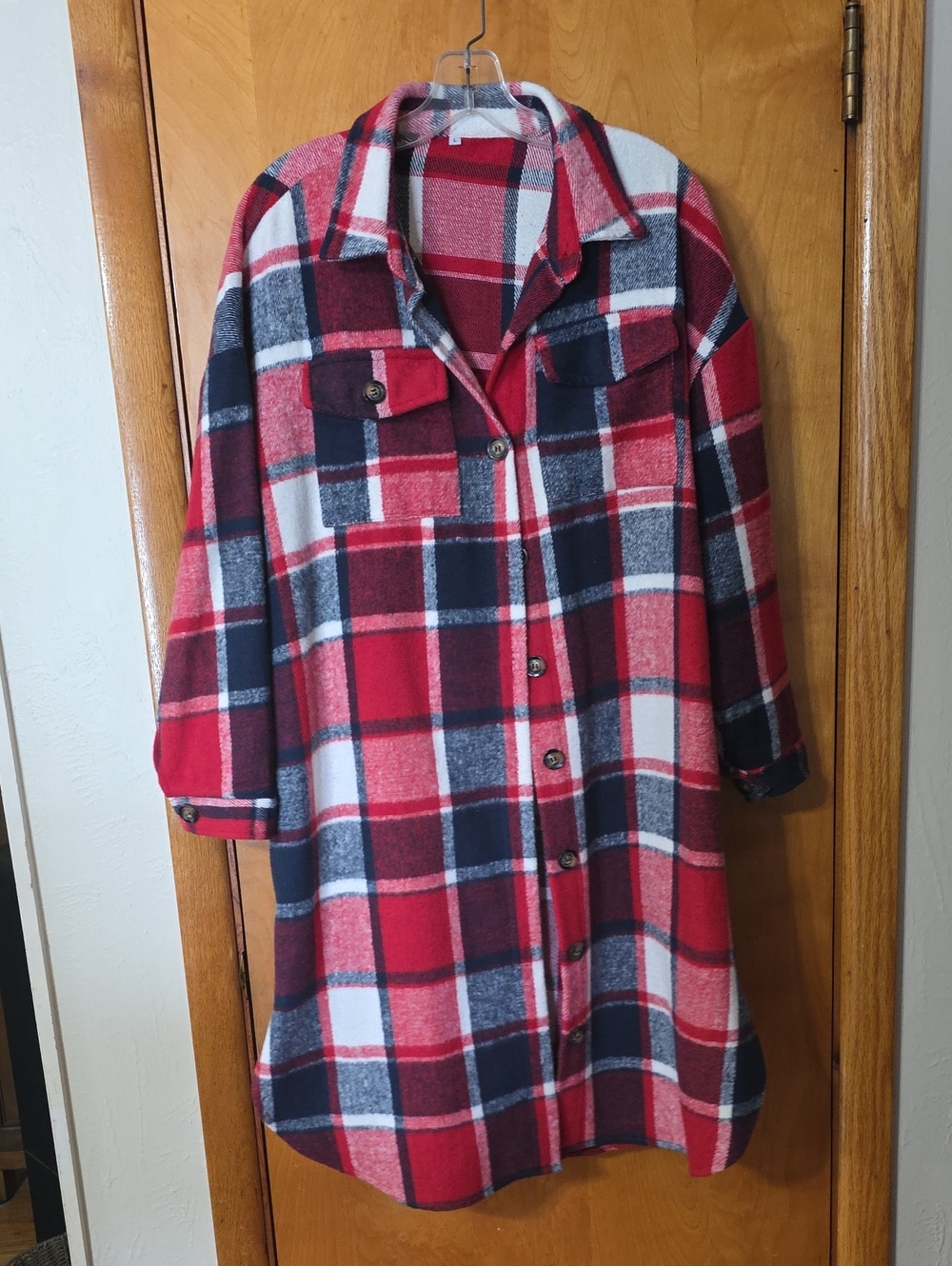 Red and Navy Plaid Button-Up Shacket